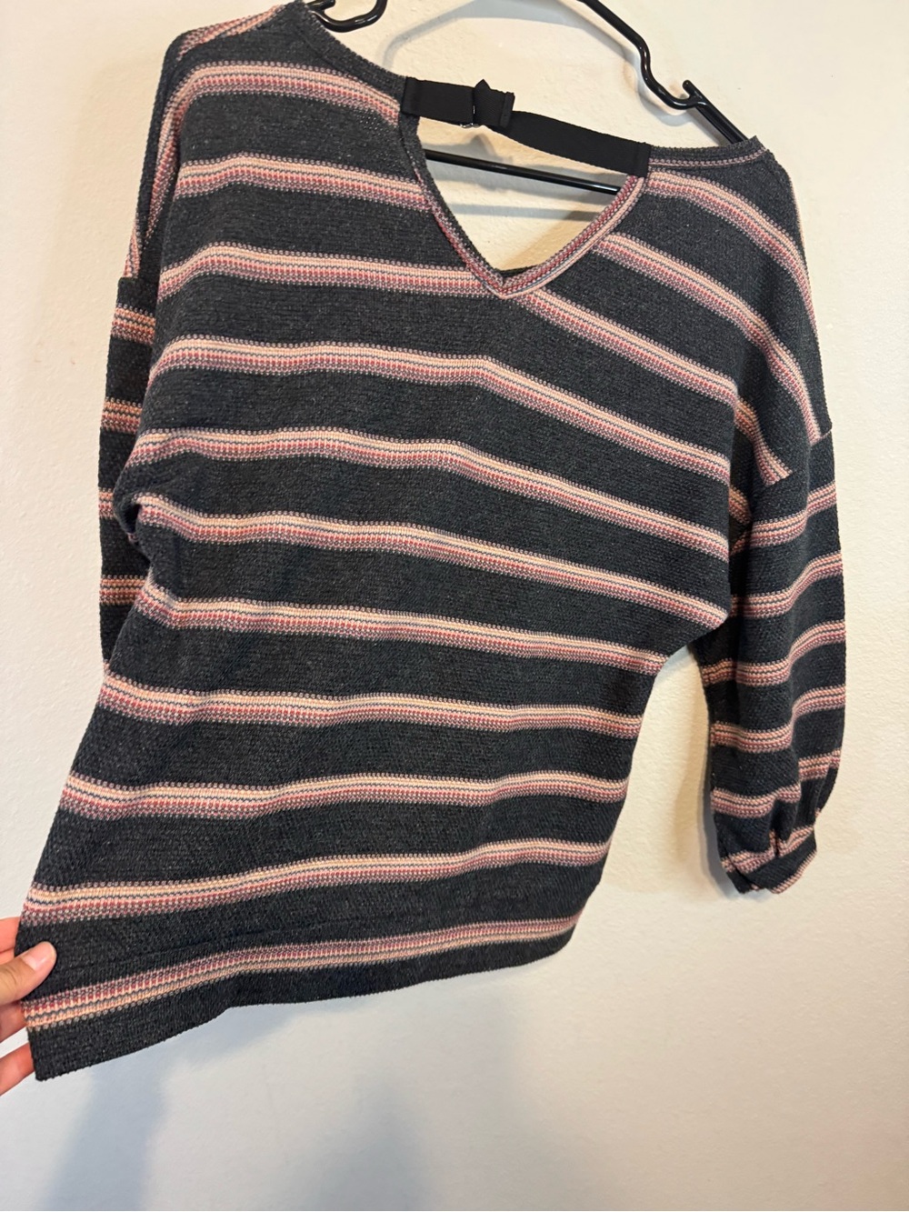 DO&UK Striped V-Neck Knit Top in Charcoal and Dusty Pink - Picture 7 of 7